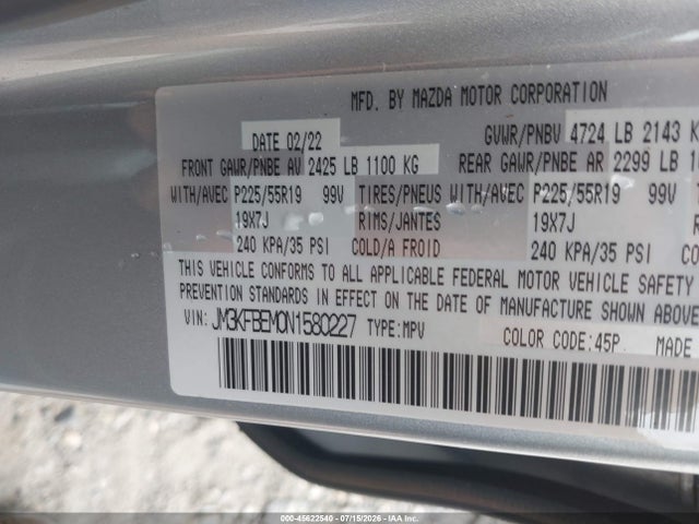 Aukcja sprzedaży 2022 Mazda Cx-5 2.5 S Premium Plus, vin: JM3KFBEM0N1580227, numer aukcji: 45622540