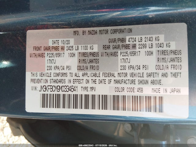 Aukcja sprzedaży 2021 Mazda Cx-5 Touring, vin: JM3KFBCM9M0334641, numer aukcji: 45622543