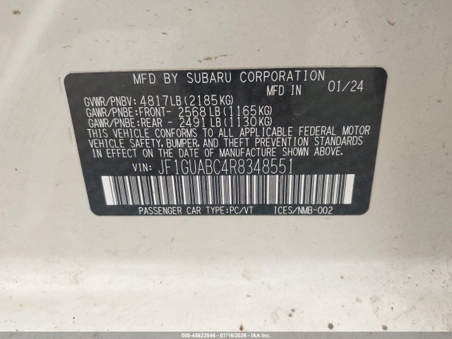 2024 Subaru Impreza Base 5-door მანქანა იყიდება აუქციონზე, vin: JF1GUABC4R8348551, აუქციონის ნომერი: 45622546