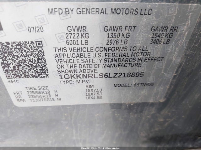 Aukcja sprzedaży 2020 Gmc Acadia Fwd Sle, vin: 1GKKNRLS6LZ218895, numer aukcji: 45622551