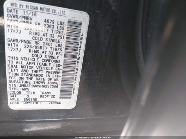Aukcja sprzedaży 2017 Nissan Rogue S, vin: JN8AT2MV9HW257006, numer aukcji: 45622552
