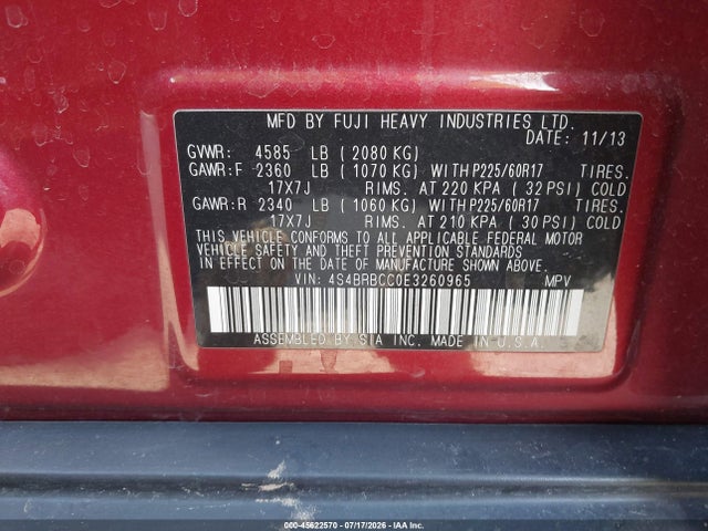 45622570 :رقم المزاد ، 4S4BRBCC0E3260965 vin ، 2014 Subaru Outback 2.5i Premium مزاد بيع