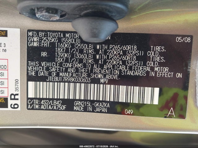 Aukcja sprzedaży 2008 Toyota 4runner Limited V6, vin: JTEBU17R98K030603, numer aukcji: 45622572