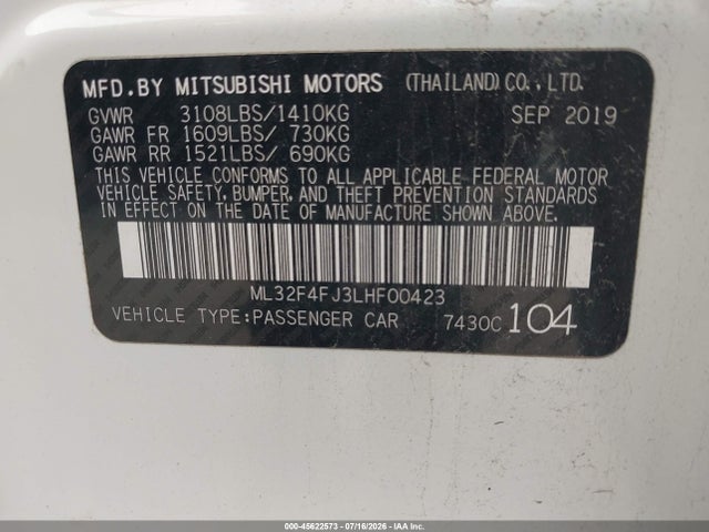 Aukcja sprzedaży 2020 Mitsubishi Mirage G4 Se, vin: ML32F4FJ3LHF00423, numer aukcji: 45622573