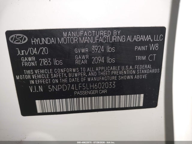 Продаж на аукціоні авто 2020 Hyundai Elantra Se, vin: 5NPD74LF5LH602033, номер лоту: 45622575