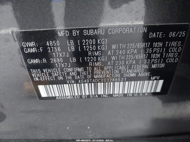 Продаж на аукціоні авто 2025 Subaru Outback Premium, vin: 4S4BTADC0S3288531, номер лоту: 45622578