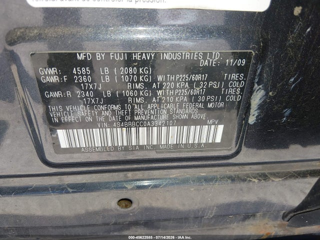 Aukcja sprzedaży 2010 Subaru Outback 2.5i Premium, vin: 4S4BRBCC0A3342107, numer aukcji: 45622585