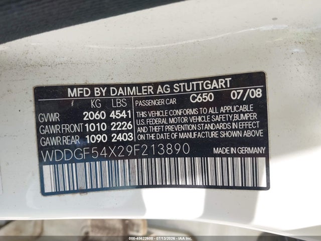 45622600 :رقم المزاد ، WDDGF54X29F213890 vin ، 2009 Mercedes-benz C 300 Luxury/sport مزاد بيع