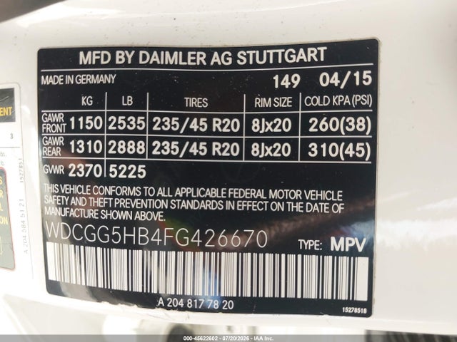 Aukcja sprzedaży 2015 Mercedes-benz Glk 350, vin: WDCGG5HB4FG426670, numer aukcji: 45622602