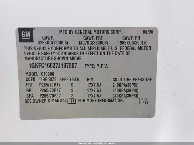 45622621 :رقم المزاد ، 1GKFC16027J187507 vin ، 2007 Gmc Yukon Xl Commercial مزاد بيع