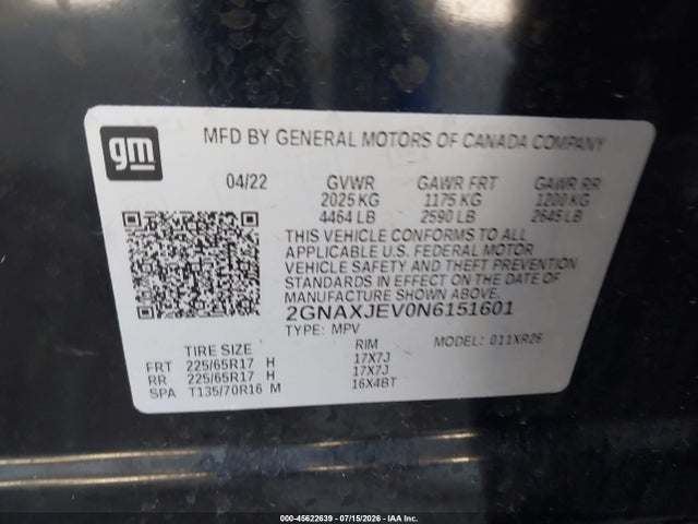 2GNAXJEV0N6151601 Chevrolet Equinox Fwd 2fl