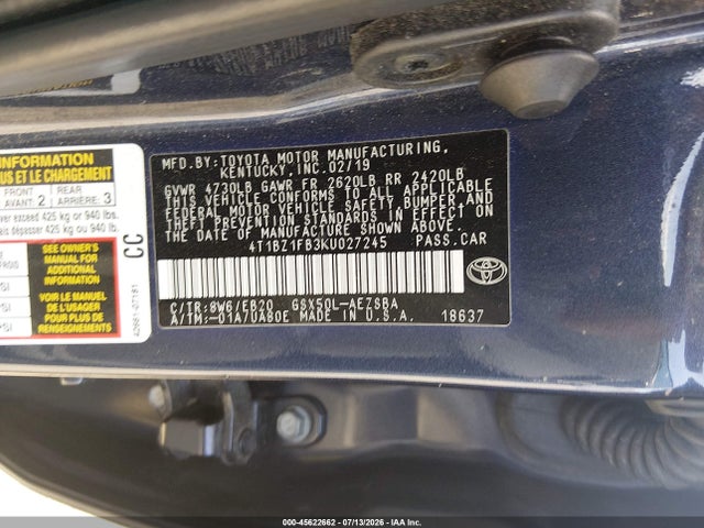 2019 Toyota Avalon Touring მანქანა იყიდება აუქციონზე, vin: 4T1BZ1FB3KU027245, აუქციონის ნომერი: 45622662