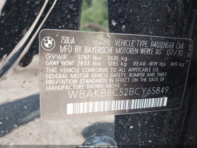 45622663 :رقم المزاد ، WBAKB8C52BCY65849 vin ، 2011 Bmw 750li مزاد بيع