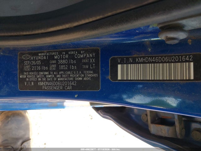 Продажа на аукционе авто 2006 Hyundai Elantra Gls/limited, vin: KMHDN46D06U201642, номер лота: 45622677