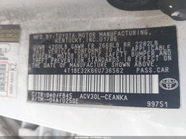 45622680 :رقم المزاد ، 4T1BE32K66U736562 vin ، 2006 Toyota Camry Le مزاد بيع