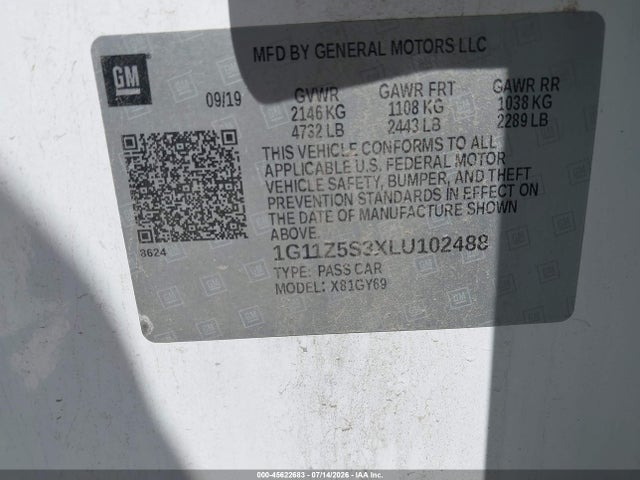 Aukcja sprzedaży 2020 Chevrolet Impala Fwd Lt, vin: 1G11Z5S3XLU102488, numer aukcji: 45622683