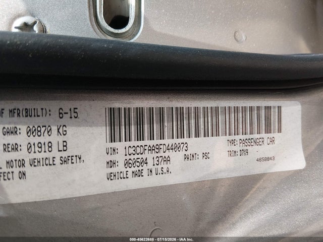 45622688 :رقم المزاد ، 1C3CDFAA9FD440073 vin ، 2015 Dodge Dart Se مزاد بيع