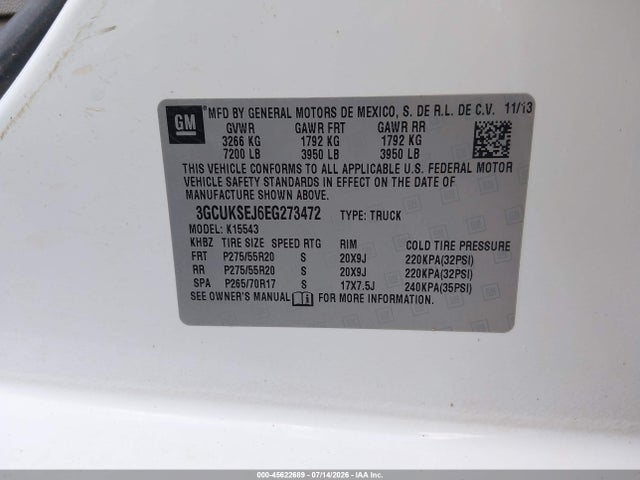 Продаж на аукціоні авто 2014 Chevrolet Silverado 1500 Ltz, vin: 3GCUKSEJ6EG273472, номер лоту: 45622689