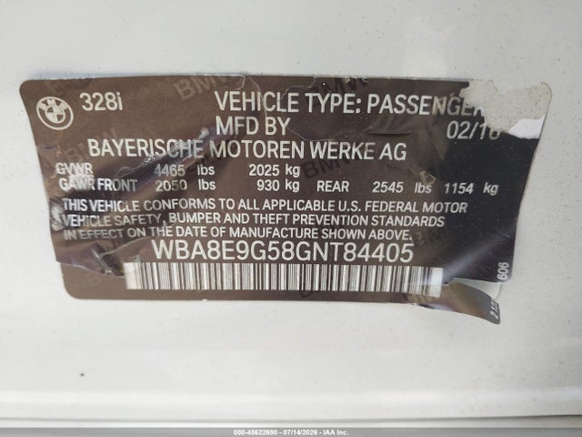 Aukcja sprzedaży 2016 Bmw 328i, vin: WBA8E9G58GNT84405, numer aukcji: 45622690
