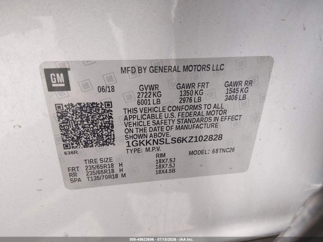 45622696 :رقم المزاد ، 1GKKNSLS6KZ102828 vin ، 2019 Gmc Acadia Sle-2 مزاد بيع