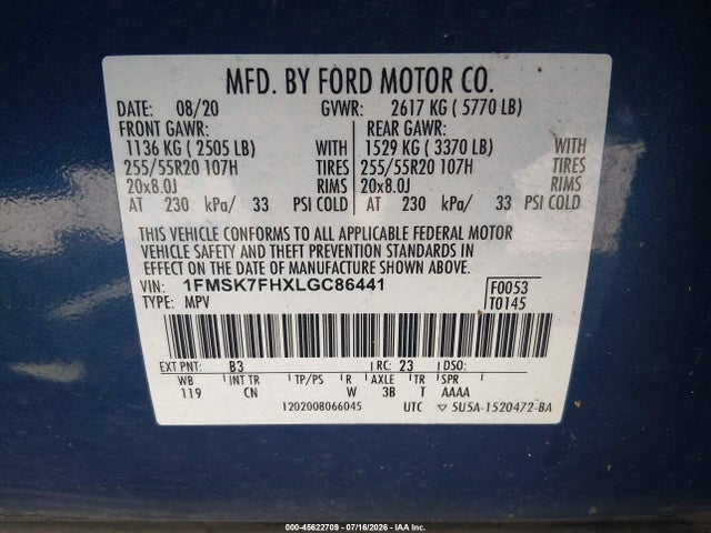 Продажа на аукционе авто 2020 Ford Explorer Limited, vin: 1FMSK7FHXLGC86441, номер лота: 45622709