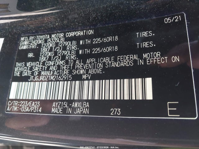 45622741 :رقم المزاد ، JTJGJRDZ1M2162915 vin ، 2021 Lexus Nx 300h مزاد بيع