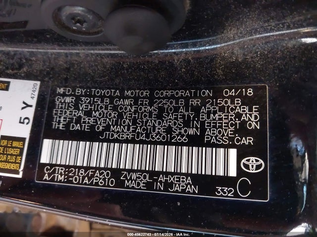 Продажа на аукционе авто 2018 Toyota Prius Two, vin: JTDKBRFU4J3601266, номер лота: 45622743