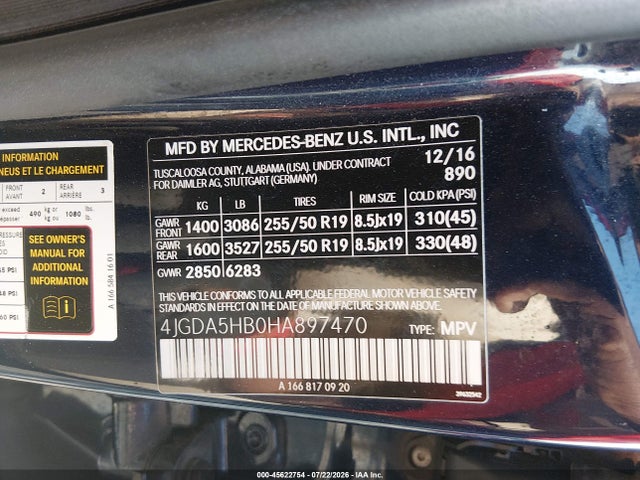 45622754 :رقم المزاد ، 4JGDA5HB0HA897470 vin ، 2017 Mercedes-benz Gle 350 4matic مزاد بيع