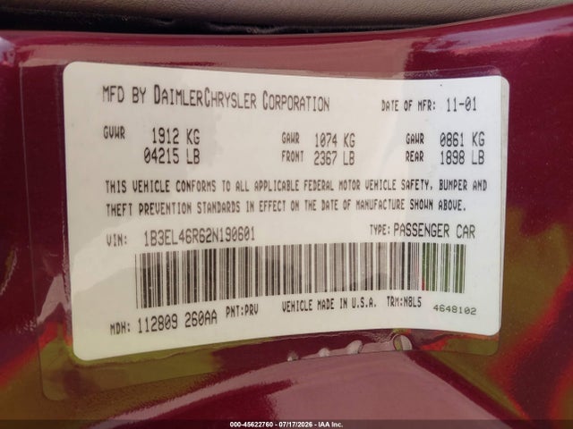 2002 Dodge Stratus Se Plus/sxt მანქანა იყიდება აუქციონზე, vin: 1B3EL46R62N190601, აუქციონის ნომერი: 45622760