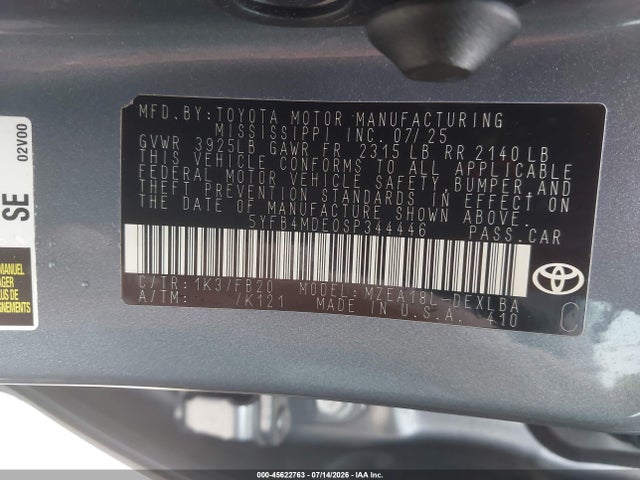 2025 Toyota Corolla Le მანქანა იყიდება აუქციონზე, vin: 5YFB4MDE0SP344446, აუქციონის ნომერი: 45622763