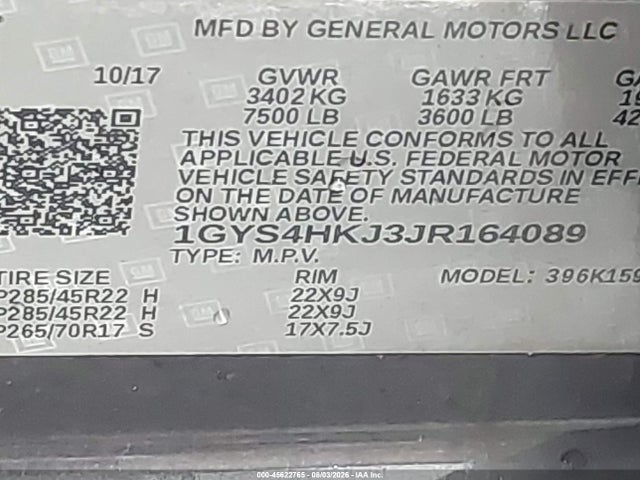 Продажа на аукционе авто 2018 Cadillac Escalade Esv Luxury, vin: 1GYS4HKJ3JR164089, номер лота: 45622765