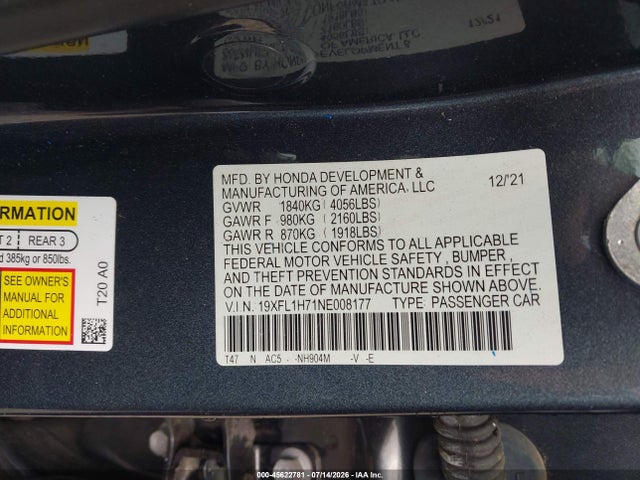 Aukcja sprzedaży 2022 Honda Civic Ex-l, vin: 19XFL1H71NE008177, numer aukcji: 45622781