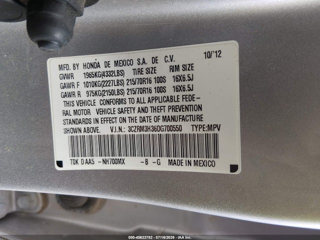 45622782 :رقم المزاد ، 3CZRM3H36DG700550 vin ، 2013 Honda Cr-v Lx مزاد بيع