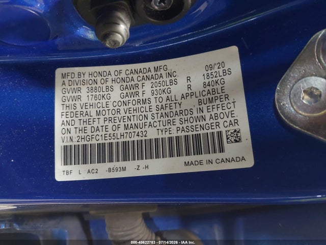 45622783 :رقم المزاد ، 2HGFC1E55LH707432 vin ، 2020 Honda Civic Si Sedan مزاد بيع