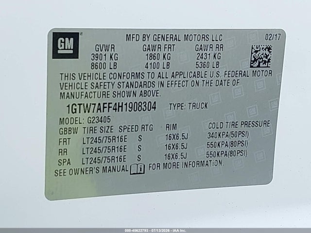 45622793 :رقم المزاد ، 1GTW7AFF4H1908304 vin ، 2017 Gmc Savana 2500 Work Van مزاد بيع