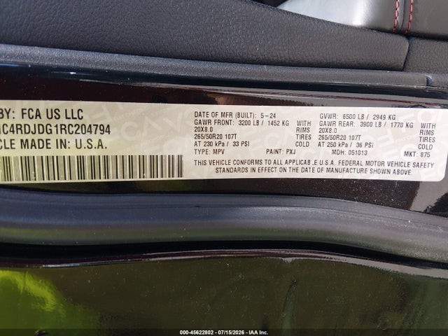 Продажа на аукционе авто 2024 Dodge Durango Gt Plus Awd, vin: 1C4RDJDG1RC204794, номер лота: 45622802