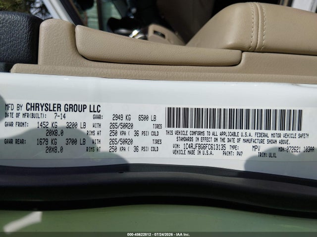 2015 Jeep Grand Cherokee Limited მანქანა იყიდება აუქციონზე, vin: 1C4RJFBG6FC613135, აუქციონის ნომერი: 45622812