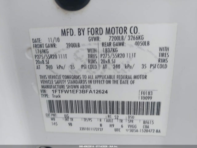 Aukcja sprzedaży 2011 Ford F-150 Platinum, vin: 1FTFW1EF3BFA12624, numer aukcji: 45622814