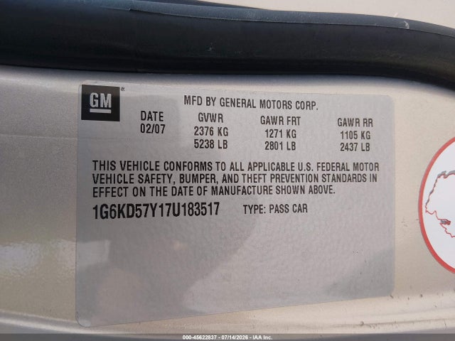 Aukcja sprzedaży 2007 Cadillac Dts Luxury Ii, vin: 1G6KD57Y17U183517, numer aukcji: 45622837