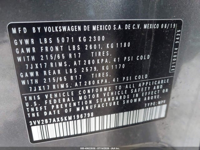 3VV2B7AX5KM196798 Volkswagen Tiguan 2.0t Se/2.0t Sel/2.0t Sel R-line/2.0t Sel R-line Black