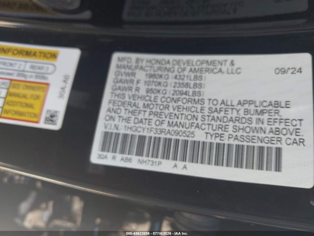 45622898 :رقم المزاد ، 1HGCY1F33RA090525 vin ، 2024 Honda Accord Ex مزاد بيع