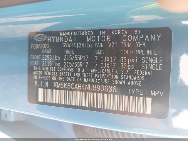 Продажа на аукционе авто 2022 Hyundai Kona Sel, vin: KM8K6CAB4NU890636, номер лота: 45622916