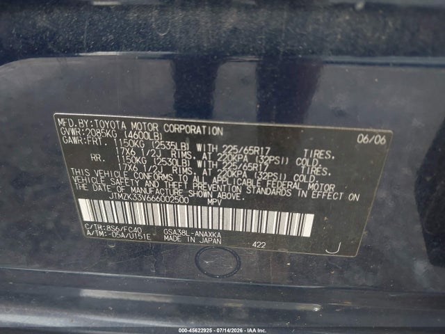 Aukcja sprzedaży 2006 Toyota Rav4 Base V6, vin: JTMZK33V666002500, numer aukcji: 45622925