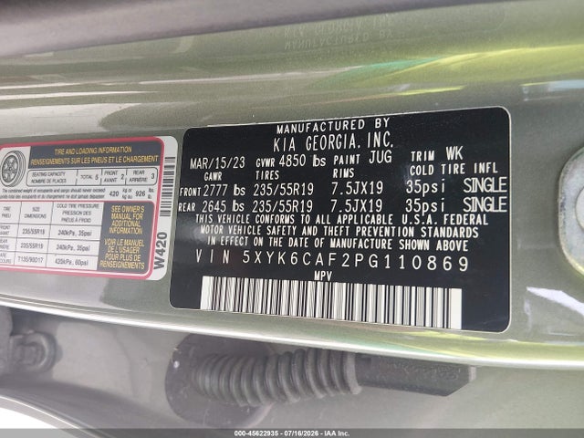 45622935 :رقم المزاد ، 5XYK6CAF2PG110869 vin ، 2023 Kia Sportage X-line مزاد بيع