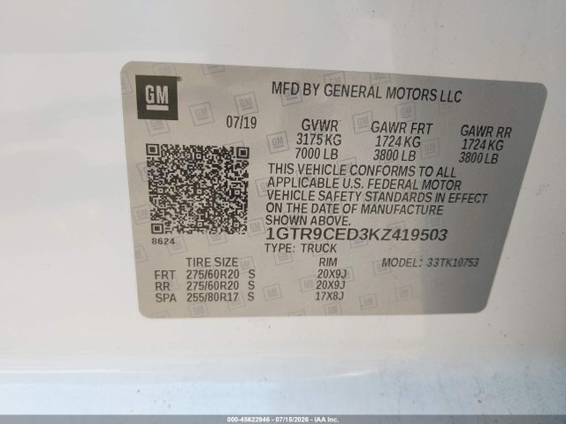 45622946 :رقم المزاد ، 1GTR9CED3KZ419503 vin ، 2019 Gmc Sierra 1500 Elevation مزاد بيع