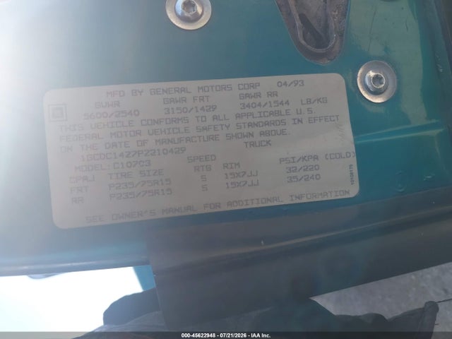 Продаж на аукціоні авто 1993 Chevrolet Gmt-400 C1500, vin: 1GCDC14Z7PZ210429, номер лоту: 45622948