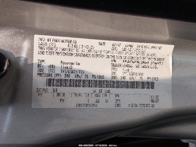 Продажа на аукционе авто 2017 Ford Focus S, vin: 1FADP3E26HL324577, номер лота: 45622955