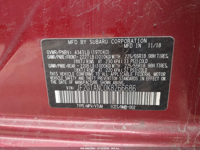 Продажа на аукционе авто 2019 Subaru Crosstrek 2.0i Limited, vin: JF2GTANC0K8266686, номер лота: 45622964