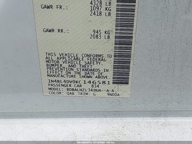 Aukcja sprzedaży 2019 Nissan Altima 2.5 Sv, vin: 1N4BL4DV0KC146581, numer aukcji: 45622979