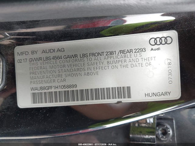45622981 :رقم المزاد ، WAUB8GFF1H1058899 vin ، 2017 Audi A3 Premium مزاد بيع